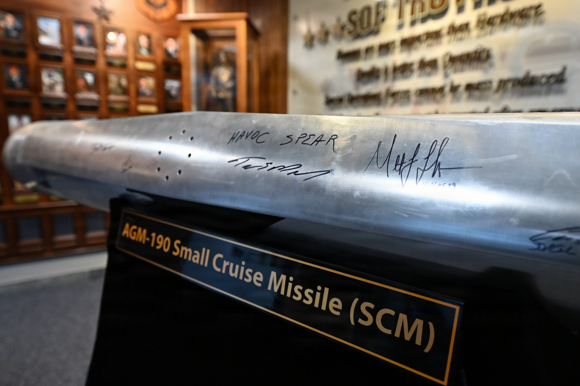 A model AGM-190A small cruise missile stands on display inside AFSOC headquarters at Hurlburt Field.