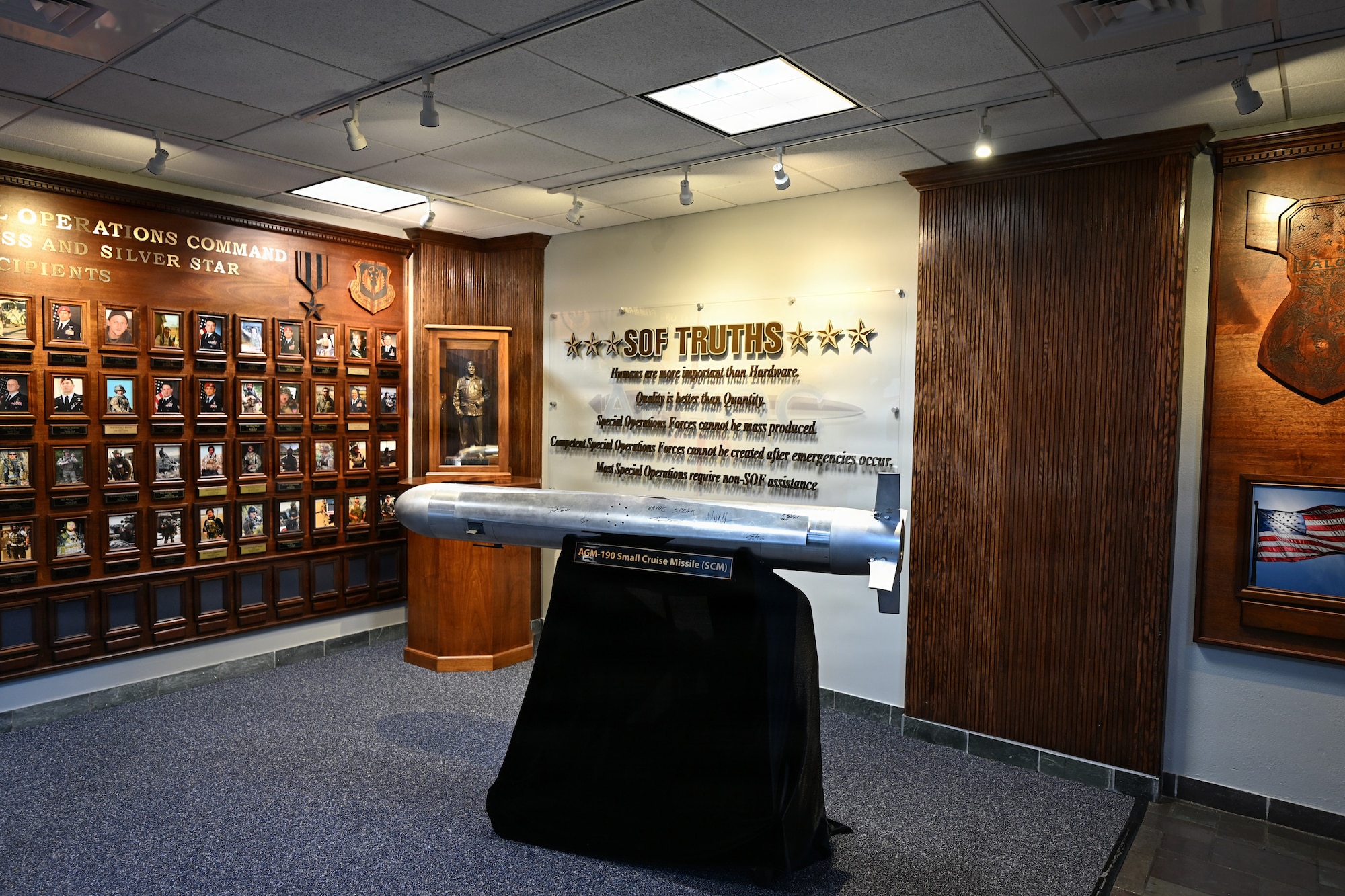 A model AGM-190A small cruise missile stands on display inside AFSOC headquarters at Hurlburt Field.