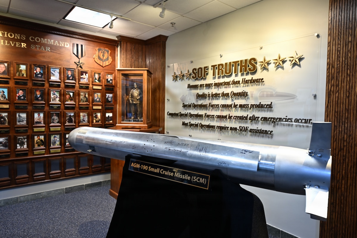 A model AGM-190A small cruise missile stands on display inside AFSOC headquarters at Hurlburt Field,