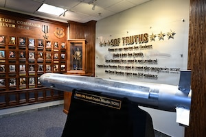 A model AGM-190A small cruise missile stands on display inside AFSOC headquarters at Hurlburt Field,