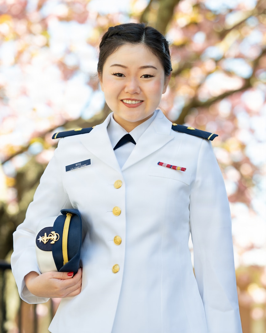 U.S. Coast Guard Academy (USCGA) Cadet Jean Ryu poses for a portrait at USCGA, New London, Connecticut, May 04, 2026. Ryu is a ’26 USCGA graduate and will be going to Interservice Physician Assistant Program, Fort Sam Houston, Texas, after graduation. (U.S. Coast Guard photo by Petty Officer 2nd Class Janessa Warschkow.)