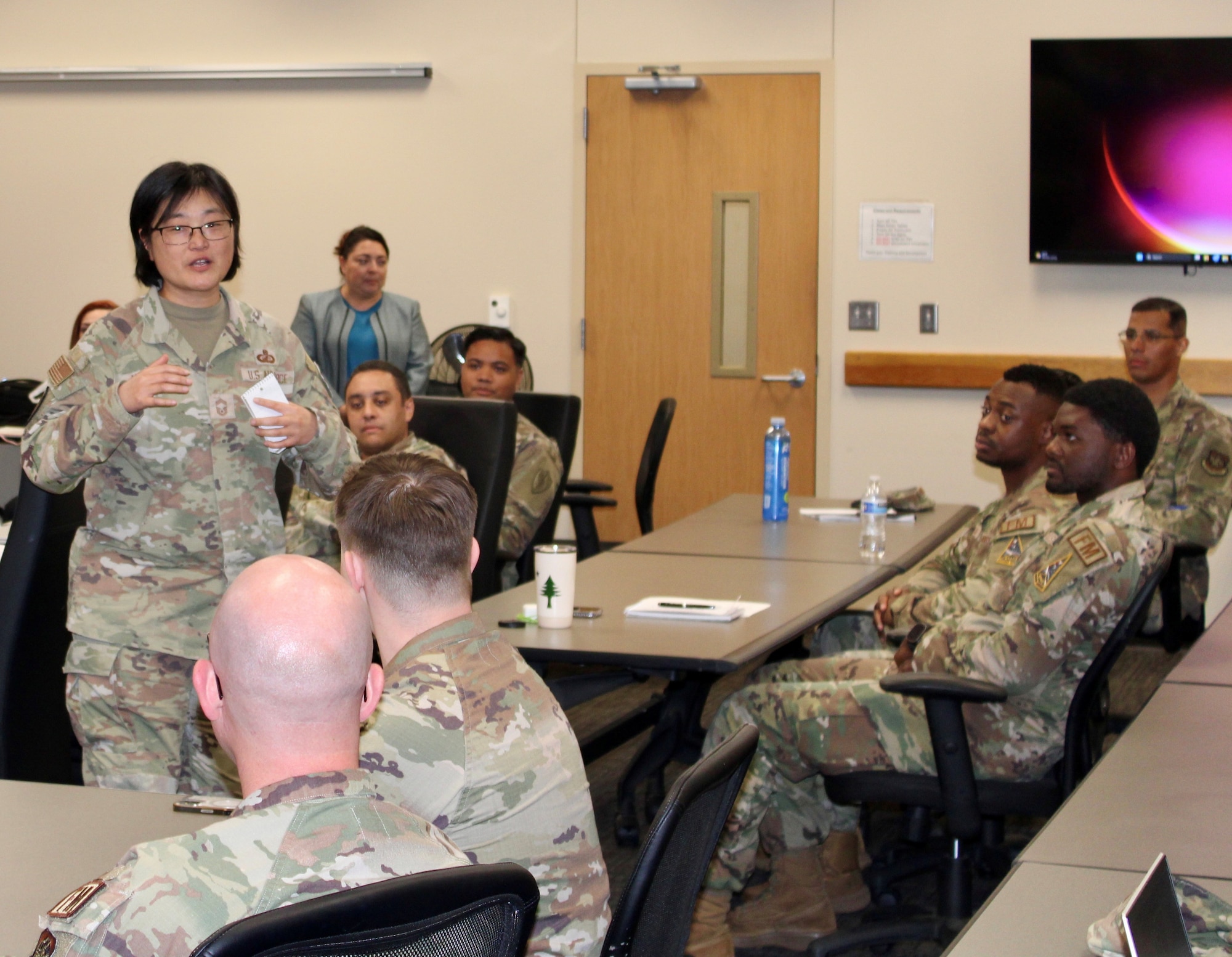 Chief Master Sgt. Leah Anderson, Financial Management Career Field Manager from the office of the Assistant Secretary of the Air Force for Financial Management and Comptroller, provides remarks to the four finalist teams at the conclusion of the inaugural Air Force Installation and Mission Support Center FM Innovation Rodeo May 11, 2026, at Joint Base San Antonio, Texas.