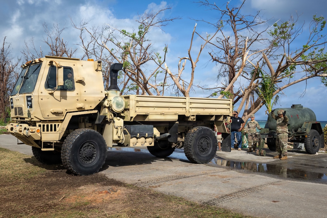 U.S. Army Reservists assigned to the 9th Mission Support Command, Honolulu, Hawaii, prepare to deliver safe drinking water to temporary distribution locations as part of Typhoon Sinlaku recovery efforts in Saipan, Commonwealth of the Northern Mariana Islands, May 17, 2026.