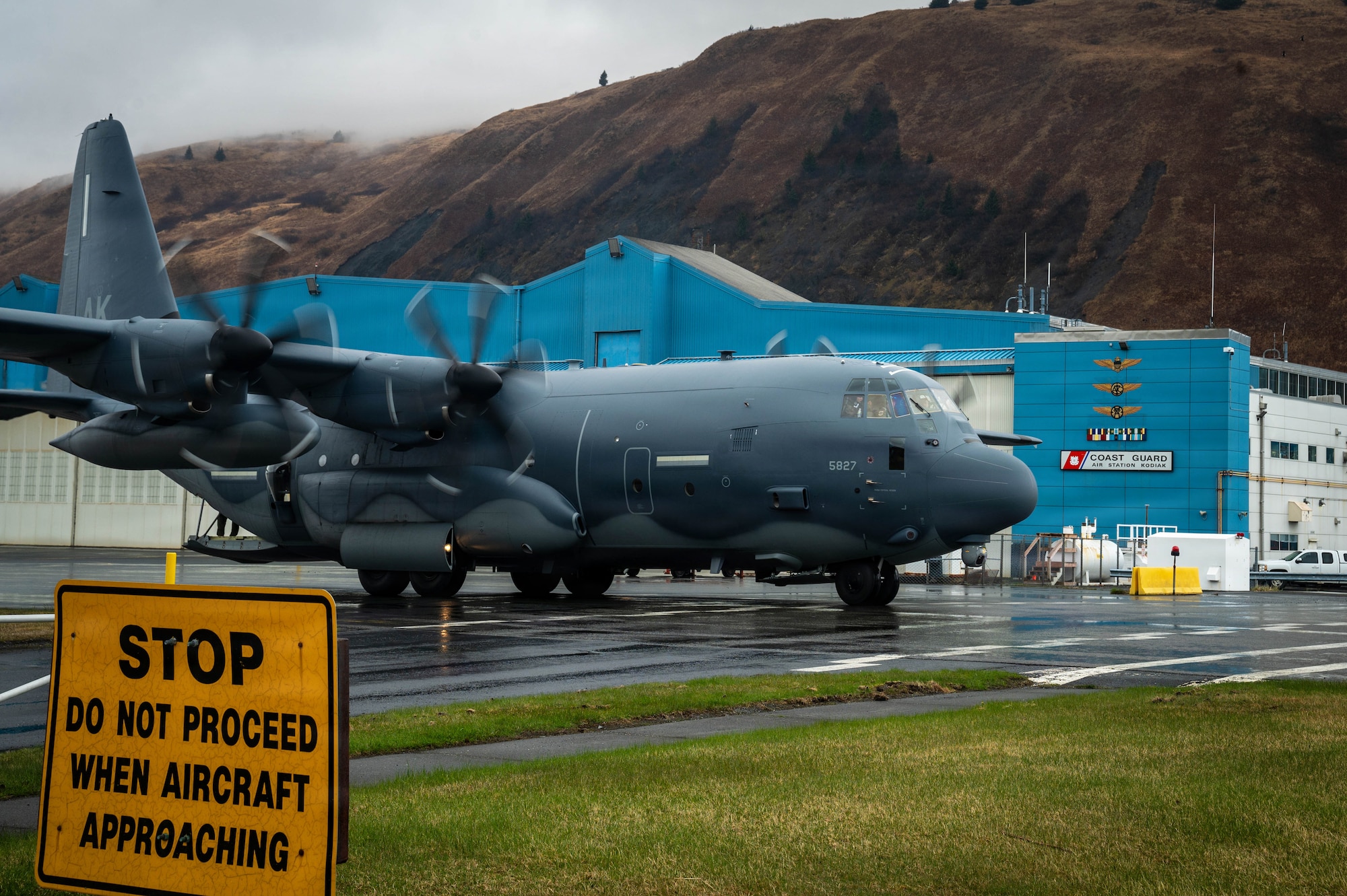 A U.S. Air Force C-130J Super Hercules aircraft assigned to the Alaska Air National Guard taxis for takeoff during exercise Tropic Tundra 26 at Coast Guard Air Station Kodiak, Alaska, May 11, 2026.