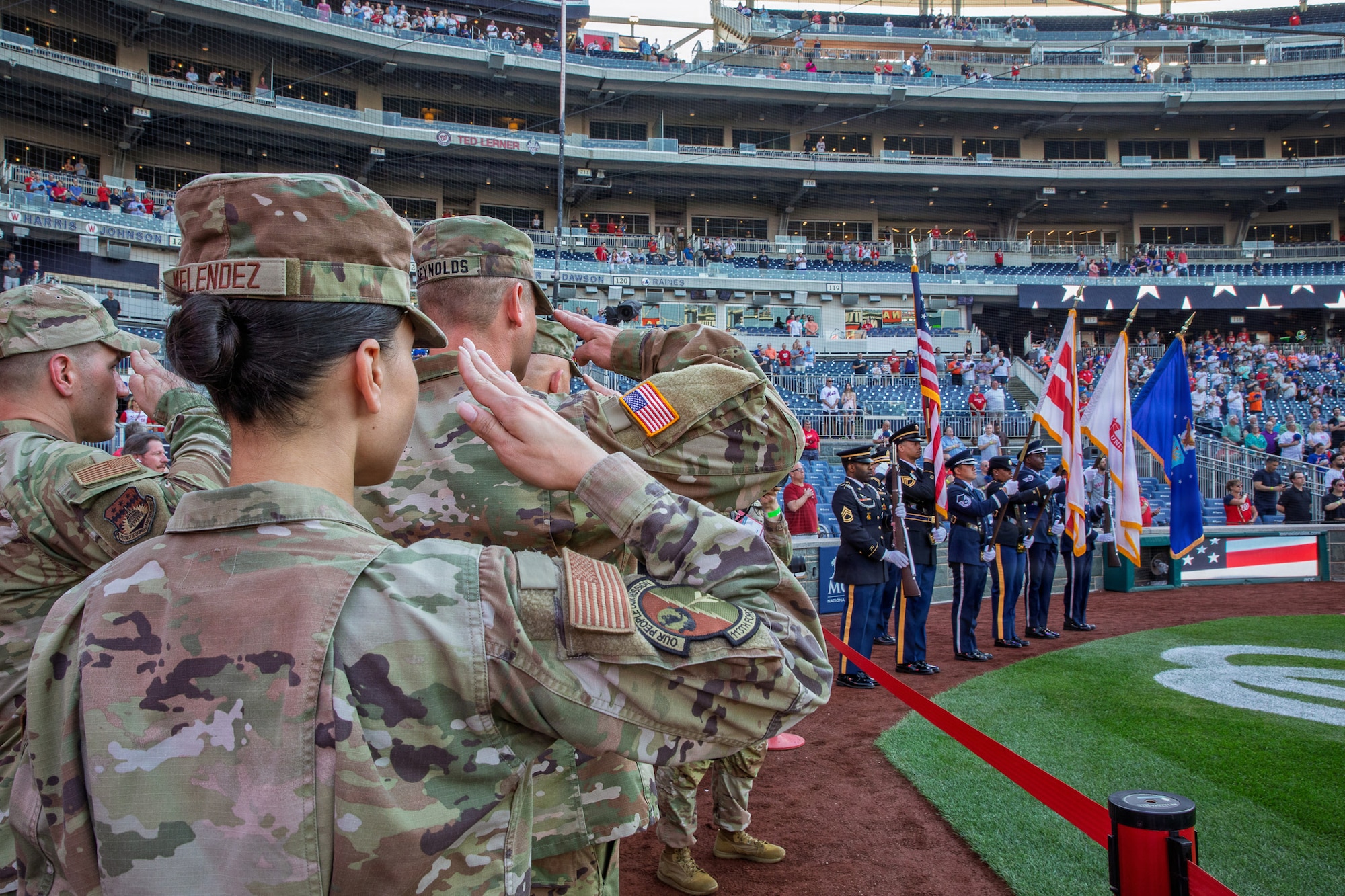 U.S. Air National Guard Staff Sgt. Andrew Wolfe throws the ceremonial first pitch during the Washington Nationals National Guard Appreciation Game at Nationals Park in Washington, D.C., May 18, 2026.