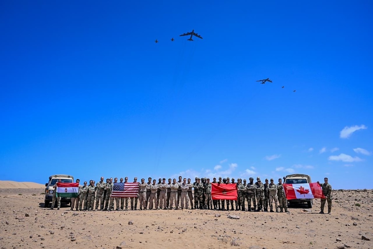 U.S. Air Force B-52H Stratofortress aircraft flies over a training area during Exercise African Lion 26 at Tan-Tan, Morocco, April 23, 2026.