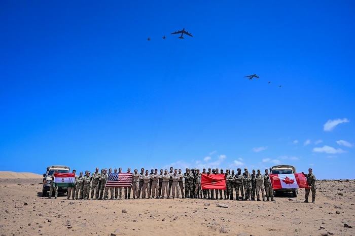 U.S. Air Force B-52H Stratofortress aircraft flies over a training area during Exercise African Lion 26 at Tan-Tan, Morocco, April 23, 2026.
