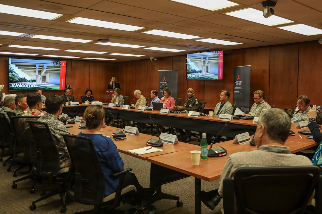 General Xavier T. Brunson participates in a roundtable discussion at the East-West Center in Honolulu, Hawaii, on May 12, 2026. He is joined by diplomats, scholars, military leaders, and regional policy experts in a forum focused on Indo-Pacific security, economic resilience, and regional cooperation. U.S. Army photo by Sgt. Daniela Lechuga Liggio.