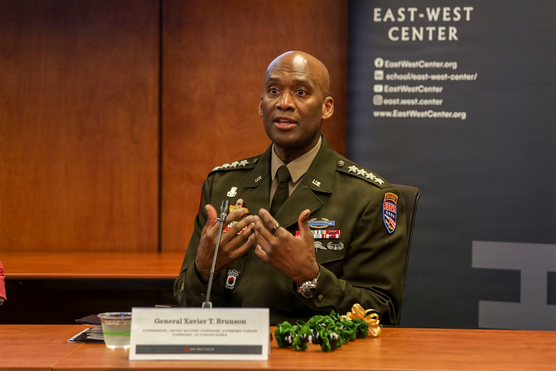 General Xavier T. Brunson speaks during a roundtable discussion at the East-West Center in Honolulu on May 12, 2026, alongside diplomats, scholars, military leaders, and regional policy experts. U.S. Army photo by Sgt. Daniela Lechuga Liggio.