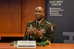 General Xavier T. Brunson speaks during a roundtable discussion at the East-West Center in Honolulu on May 12, 2026, alongside diplomats, scholars, military leaders, and regional policy experts. U.S. Army photo by Sgt. Daniela Lechuga Liggio.