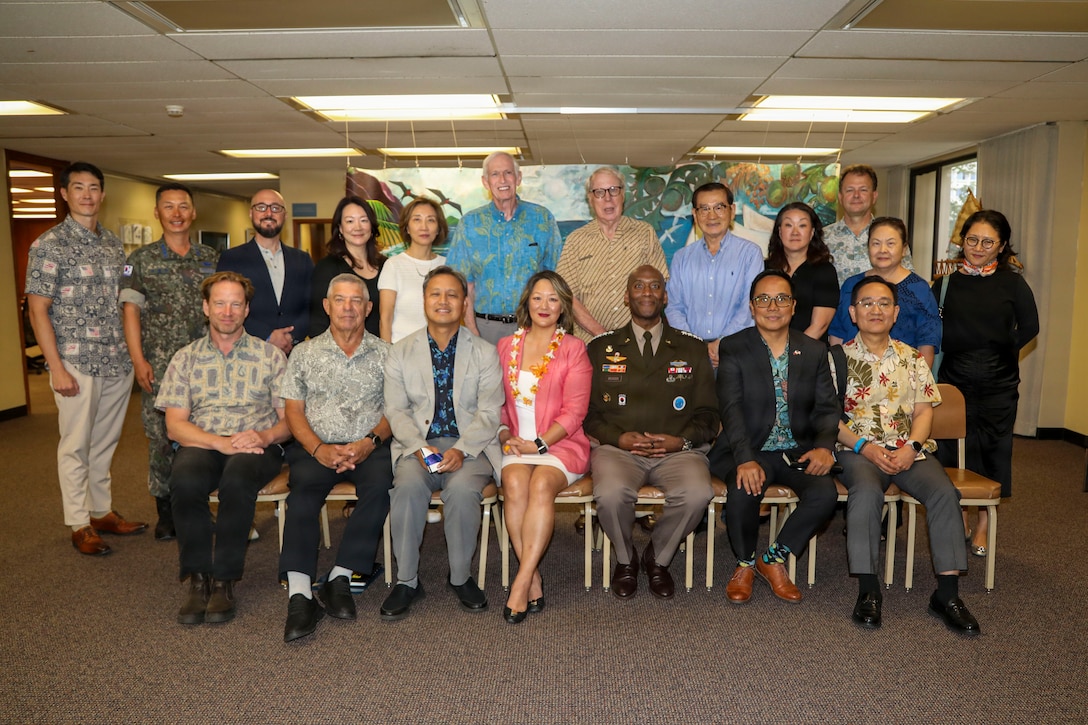 Group shot of General Xavier T. Brunson with diplomats, scholars, military leaders, and regional policy experts during a roundtable discussion at the East-West Center in Honolulu on May 12, 2026. U.S. Army photo by Sgt. Daniela Lechuga Liggio.