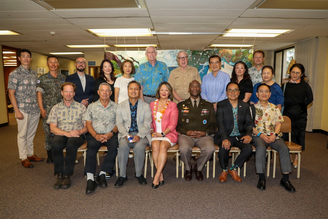 Group shot of General Xavier T. Brunson with diplomats, scholars, military leaders, and regional policy experts during a roundtable discussion at the East-West Center in Honolulu on May 12, 2026. U.S. Army photo by Sgt. Daniela Lechuga Liggio.