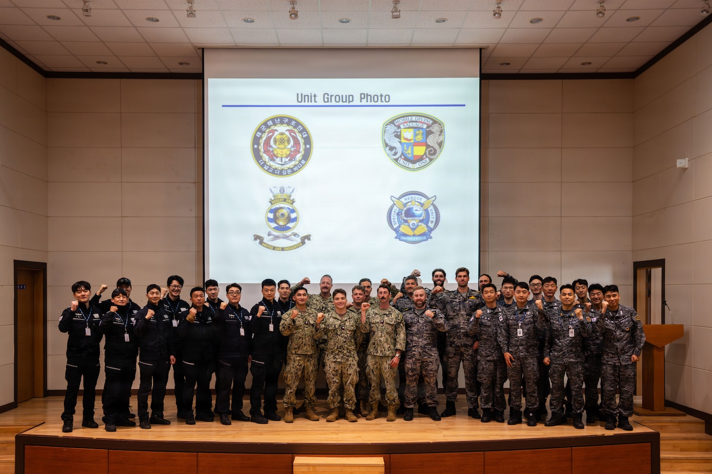 Members of the Republic of Korea (ROK) Coast Guard Special Rescue Unit, U.S. Navy Mobile Diving and Salvage Unit 1, Australian Clearance Diving Team 1, and the ROK Ship Salvage and Rescue Unit, meet for Salvage Exercise Korea 2026 at Jinhae Naval Base, Republic of Korea, April 6, 2026. Commander, Logistics Group Western Pacific/Task Force 73 sustains the U.S. Navy’s maritime forces and is responsible for all diving and salvage operations in the Western Pacific in support of a free and open Indo-Pacific. (U.S. Navy photo by Mass Communication Specialist 2nd Class Jordan Jennings)