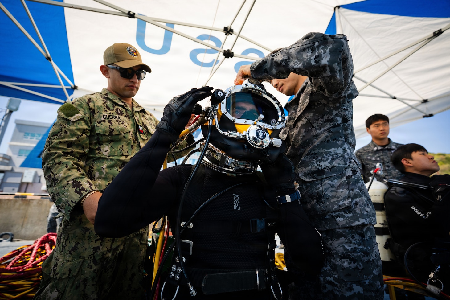 U.S. Navy Diver 3rd Class Mark Obymachow assigned to Navy Mobile Diving and Salvage Unit 1 participates in an integrated multinational dive to recover a simulated sunken vessel during Salvage Exercise Korea 2026 at Jinhae Naval Base, Republic of Korea, April 8, 2026. Commander, Logistics Group Western Pacific/Task Force 73 sustains the U.S. Navy’s maritime forces and is responsible for all diving and salvage operations in the Western Pacific in support of a free and open Indo-Pacific. (U.S. Navy photo by Mass Communication Specialist 2nd Class Jordan Jennings)