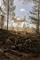 U.S. Army Soldiers from Charlie Company, 4th Battalion, 70th Armor Regiment, 1st Armored Brigade Combat Team, 1st Armored Division, coordinate a platoon defensive posture as a CH-47 Chinook helicopter prepares to infil additional troops during a multinational force-on-force exercise in Vuosanka Training Area, Finland, on May 18, 2026. From April 27 to May 31, 2026, U.S. and Allied forces will exercise NATO’s Eastern Flank Deterrence Initiative, demonstrating NATO’s ability to fight and win on the modern battlefield. Nearly 15,000 troops from eleven nations will train across the High North, Baltic region, and Poland, executing rapid maneuvers, air defense, counter-drone operations, and cyber defense to validate NATO’s regional defense plans in real time. This series of linked exercises, including Saber Strike, Immediate Response, and Swift Response, turns investment into capability. Soldiers integrate unmanned systems, AI-enabled command and control, and live data networks to move faster, decide faster, and fight more effectively across all domains. Sword 26 demonstrates how U.S. Army Europe and Africa drives transformation at scale while strengthening deterrence. Together with our Allies, we are building a unified, lethal force ready to defend NATO territory and respond to any threat. (U.S. Army Reserve photo by Capt. Christopher Gabayan)