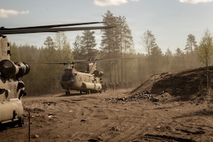 U.S. Soldiers from Charlie Company, 4th Battalion, 70th Armor Regiment, 1st Armored Brigade Combat Team, 1st Armored Division disembark a CH-47 Chinook helicopter during a multinational force-on-force exercise in Vuosanka Training Area, Finland, on May 18, 2026. From April 27 to May 31, 2026, U.S. and Allied forces will exercise NATO’s Eastern Flank Deterrence Initiative, demonstrating NATO’s ability to fight and win on the modern battlefield. Nearly 15,000 troops from eleven nations will train across the High North, Baltic region, and Poland, executing rapid maneuvers, air defense, counter-drone operations, and cyber defense to validate NATO’s regional defense plans in real time. This series of linked exercises, including Saber Strike, Immediate Response, and Swift Response, turns investment into capability. Soldiers integrate unmanned systems, AI-enabled command and control, and live data networks to move faster, decide faster, and fight more effectively across all domains. Sword 26 demonstrates how U.S. Army Europe and Africa drives transformation at scale while strengthening deterrence. Together with our Allies, we are building a unified, lethal force ready to defend NATO territory and respond to any threat. (U.S. Army Reserve photo by Capt. Christopher Gabayan)