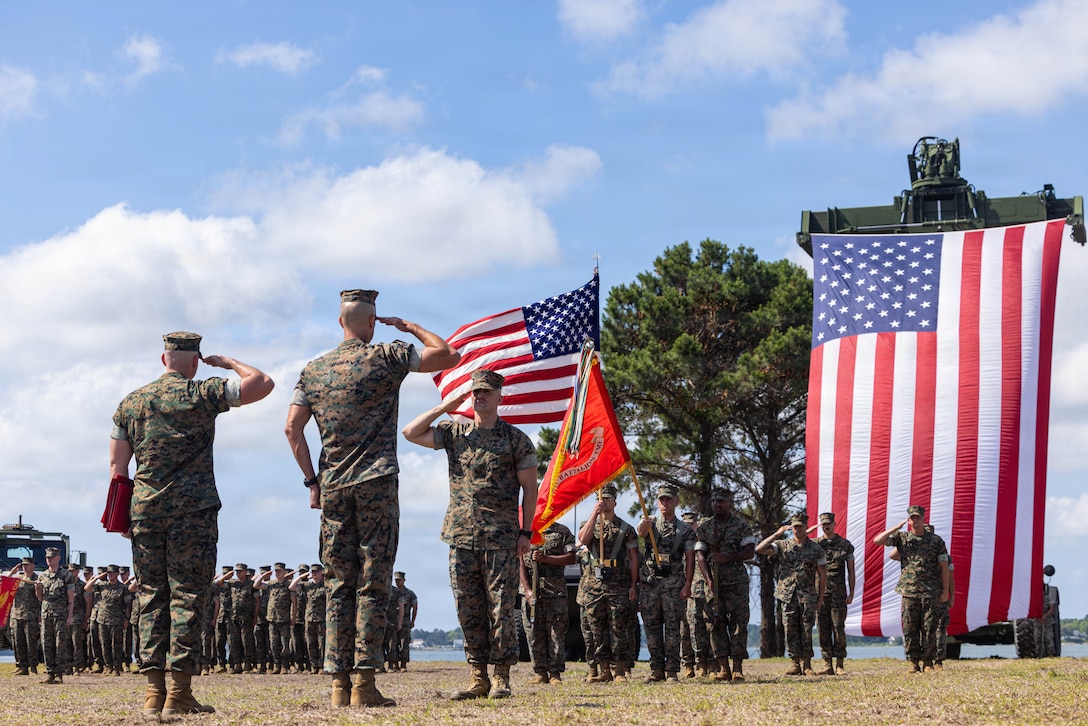 U.S. Marines with 2nd Assault Amphibian Battalion, 2nd Marine Division, participate in a relief and appointment ceremony on Marine Corps Base Camp Lejeune, North Carolina, May 18, 2026. Sgt. Maj. Daniel P. Best relinquishes his duties to Sgt. Maj. Michael A. Manzke, which signified the transfer of accountability, responsibility and authority to new leadership and the continuity of command. (U.S. Marine Corps photo by Cpl. Judith Ann Lazaro)