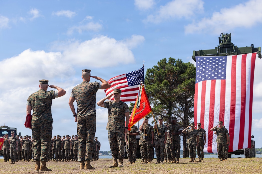 U.S. Marines with 2nd Assault Amphibian Battalion, 2nd Marine Division, participate in a relief and appointment ceremony on Marine Corps Base Camp Lejeune, North Carolina, May 18, 2026. Sgt. Maj. Daniel P. Best relinquishes his duties to Sgt. Maj. Michael A. Manzke, which signified the transfer of accountability, responsibility and authority to new leadership and the continuity of command. (U.S. Marine Corps photo by Cpl. Judith Ann Lazaro)
