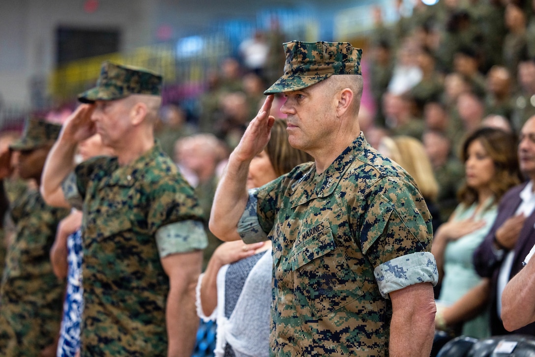 U.S. Marine Corps Maj. Gen. Walker Field, commanding general of Marine Corps Recruiting Command, salutes during the change of command ceremony on Marine Corps Recruit Depot Parris Island, S.C., May 19, 2026. Brig. Gen. Ahmed Williamson relinquished his command over Marine Corps Recruit Depot Parris Island and Eastern Recruiting Region to Brig. Gen. Lance Langfeldt. (U.S. Marine Corps photo by Lance Cpl. Jacob Claudell)