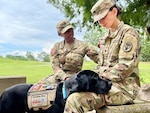 Two Soldiers pose with a service dog.