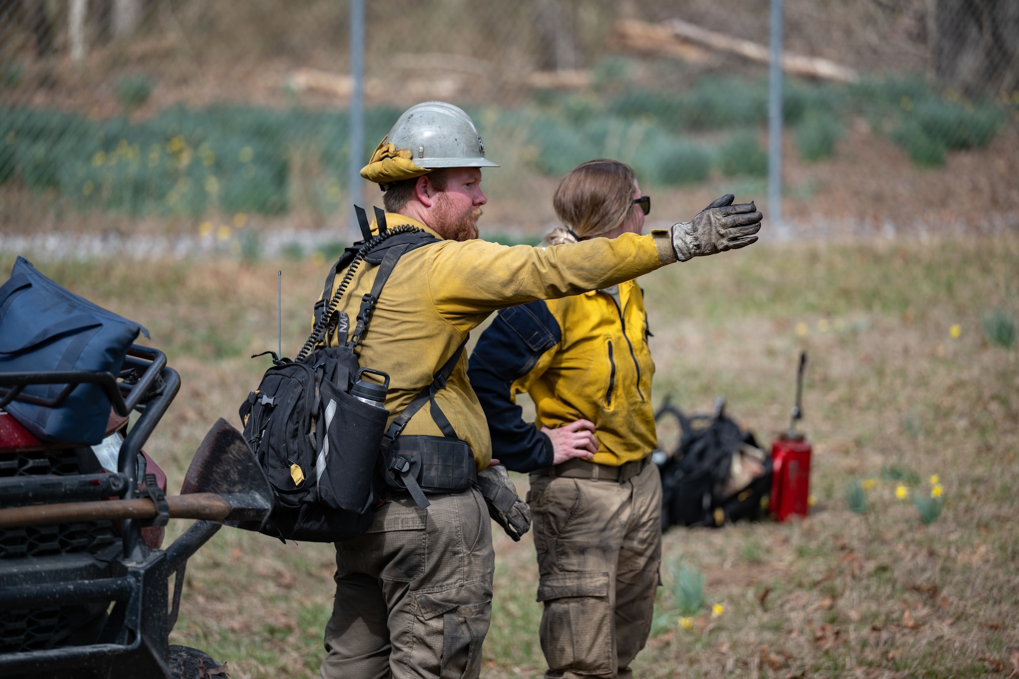 Ali Ware, right, and Tyler Turner, Wildland Fire Branch firefighters from Beale Air Force Base, California, survey a site before beginning prescribed fire operations at Arnold Air Force Base, Tenn., March 6, 2026. Prescribed fires are controlled blazes used to mitigate wildfire risks by burning potential wildfire fuels and to achieve wildlife management objectives. The operations at Arnold are overseen by the Arnold AFB Natural Resources team. This year’s prescribed fire season at Arnold ran from late February throughout March. (U.S. Air Force photo by Keith Thornburgh)
