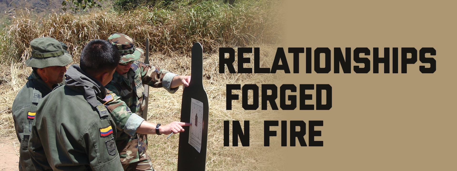 Banner Image for Relationships Forged in Fire. A Green Beret advises Colombian National Police Carabineros on basic rifle marksmanship at the International Police Training School of Colombia in 2009. Photo credit: CW4 W. Bryant"