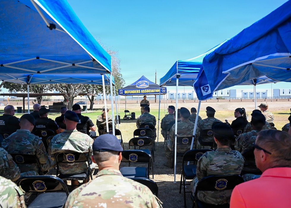 U.S. Air Force Senior Airman Isaia Lopez, 56th Security Forces Squadron master of ceremonies, speaks during a closing ceremony for 2026 Police Week held at Luke Air Force Base, Arizona, May 15, 2026. The ceremony honored the sacrifices of both civilian and military law enforcement personnel, highlighting the discipline, integration, and lethality of military law enforcement officers in support of the nation’s defense posture and projection of the global strategic mission. (U.S. Air Force photo by Staff Sgt. Magen M. Reeves)