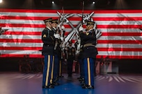 Soldiers dressed in dark ceremonial uniforms are facing each other in two rows doing a ceremonial routine with rifles at an indoor show.