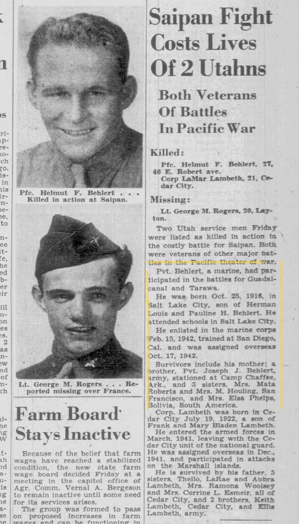 Marine Corps Reserve Pfc. Helmut F. Behlert