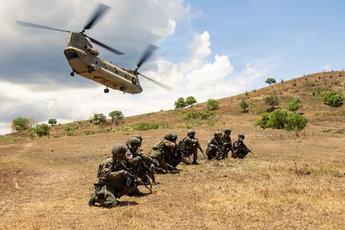 Philippine Army soldiers prepare to engage the opposition force during a multinational air assault as part of the Joint Pacific Readiness Center Exportable Exercise at Fort Magsaysay, Nueva Ecija, Philippines, May 17, 2026.