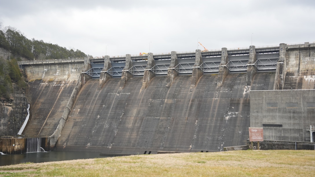 Center Hill Dam on the Caney Fork River in Lancaster, Tennessee, is pictured Feb. 19, 2026. The U.S. Army Corps of Engineers Nashville District is closing State Highway 141/96, which crosses the dam, to all traffic from 8 a.m. to 4 p.m. Wednesday, May 27. The closure is necessary for crews to move equipment for an ongoing project to replace the dam's spillway gates.
