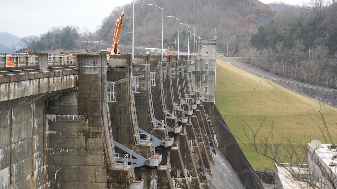 Center Hill Dam on the Caney Fork River in Lancaster, Tennessee, is pictured Feb. 19, 2026. The U.S. Army Corps of Engineers Nashville District is closing State Highway 141/96, which crosses the dam, to all traffic from 8 a.m. to 4 p.m. Wednesday, May 27. The closure is necessary for crews to move equipment for an ongoing project to replace the dam's spillway gates.