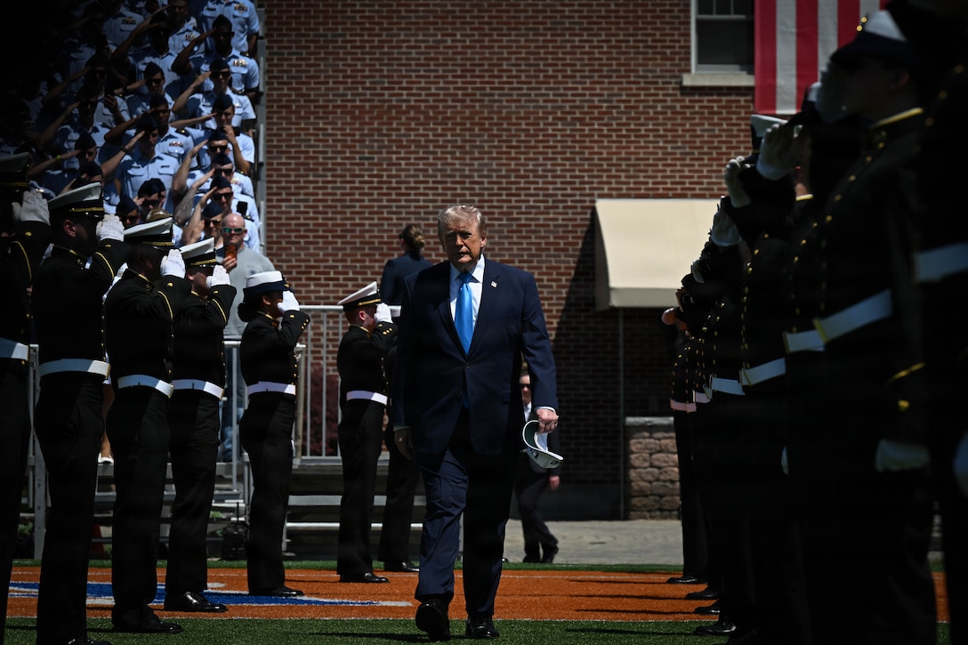 President Donald J. Trump walks through a cordon during the U.S. Coast Guard Academy’s 145th commencement exercises in New London, Connecticut, May 20, 2026. The commencement ceremony celebrated the Class of 2026 as graduates received commissions as officers in the U.S. Coast Guard. (U.S. Coast Guard photo by Petty Officer 3rd Class Lyric Jackson)