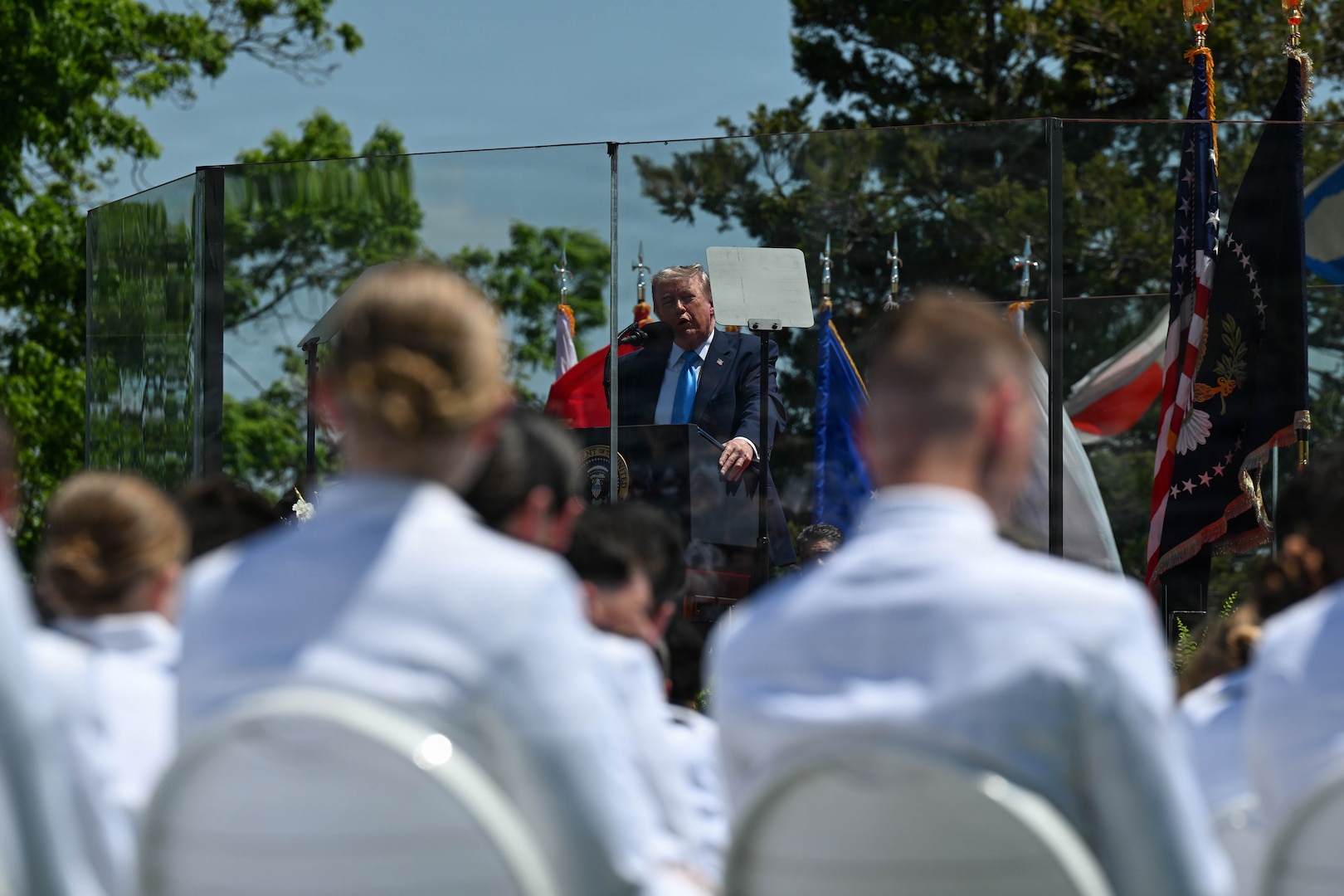 President Donald J. Trump addresses cadets during the U.S. Coast Guard Academy’s 145th commencement exercises in New London, Connecticut, May 20, 2026. The Class of 2026’s motto is “Aut Inveniam Viam Aut Faciam,” meaning “Find a way or make one.” (U.S. Coast Guard photo by Petty Officer 3rd Class Lyric Jackson)