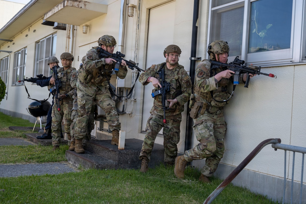 U.S. Airmen assigned to the 35th Security Forces Squadron stack up for an entry breach during an active shooter exercise at Misawa Air Base, Japan, May 18, 2026.