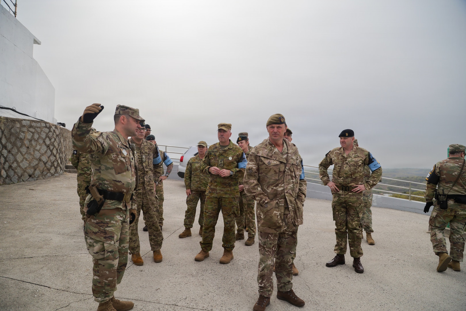 U.S. Army Lt. Col. Dan Blankenhorn, Commander of the United Nations Command Security Battalion, briefs Australian LTGEN Scott Winter, Deputy Commander of the United Nations Command, and the visiting Chiefs of Army staff about Observation Point Ouellette. The briefing is part of a strategic engagement hosted by LTGEN Winter for Chiefs of Army and Sergeants Major from Australia, Canada, New Zealand, and the United Kingdom at UNC Headquarters and the Joint Security Area on April 22, 2026.