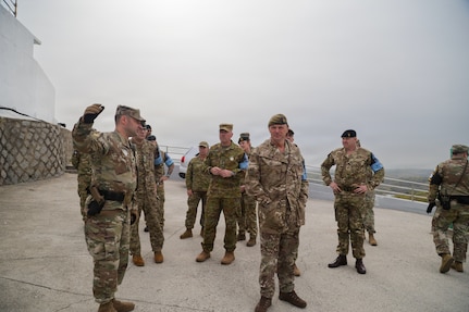 U.S. Army Lt. Col. Dan Blankenhorn, Commander of the United Nations Command Security Battalion, briefs Australian LTGEN Scott Winter, Deputy Commander of the United Nations Command, and the visiting Chiefs of Army staff about Observation Point Ouellette. The briefing is part of a strategic engagement hosted by LTGEN Winter for Chiefs of Army and Sergeants Major from Australia, Canada, New Zealand, and the United Kingdom at UNC Headquarters and the Joint Security Area on April 22, 2026.