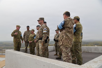 Australian LTGEN Scott Winter, Deputy Commander of the United Nations Command, briefs the visiting Chiefs of Army staff about Observation Point Ouellette. The briefing is part of a strategic engagement hosted by LTGEN Winter for Chiefs of Army and Sergeants Major from Australia, Canada, New Zealand, and the United Kingdom at UNC Headquarters and the Joint Security Area on April 22, 2026.