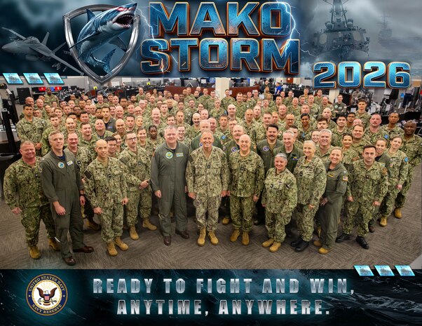 U.S. Navy Reserve Sailors assigned to U.S. Naval Forces Europe-Africa, U.S. Sixth Fleet, and U.S. Fifth Fleet pose for a group photo during the fifth annual MAKO Storm exercise hosted by the Navy Warfare Development Center in Norfolk, Virginia, May 14–17, 2026. MAKO Storm is an advanced Maritime Operations Center training event focused on strengthening operational integration, decision-making, and fleet readiness across the force.