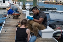 Anthony Gartrell, 11th Civil Engineer Squadron environmental team program manager, measures a mussel during a freshwater mussel deployment event at Joint Base Anacostia-Bolling, Washington, D.C., May 15, 2026. Freshwater mussels serve as natural biological filtration systems; a single mussel can filter gallons of water daily, removing algae, bacteria, and particulates from the water column.(U.S. Air Force photo by Senior Airman Shanel Toussaint)