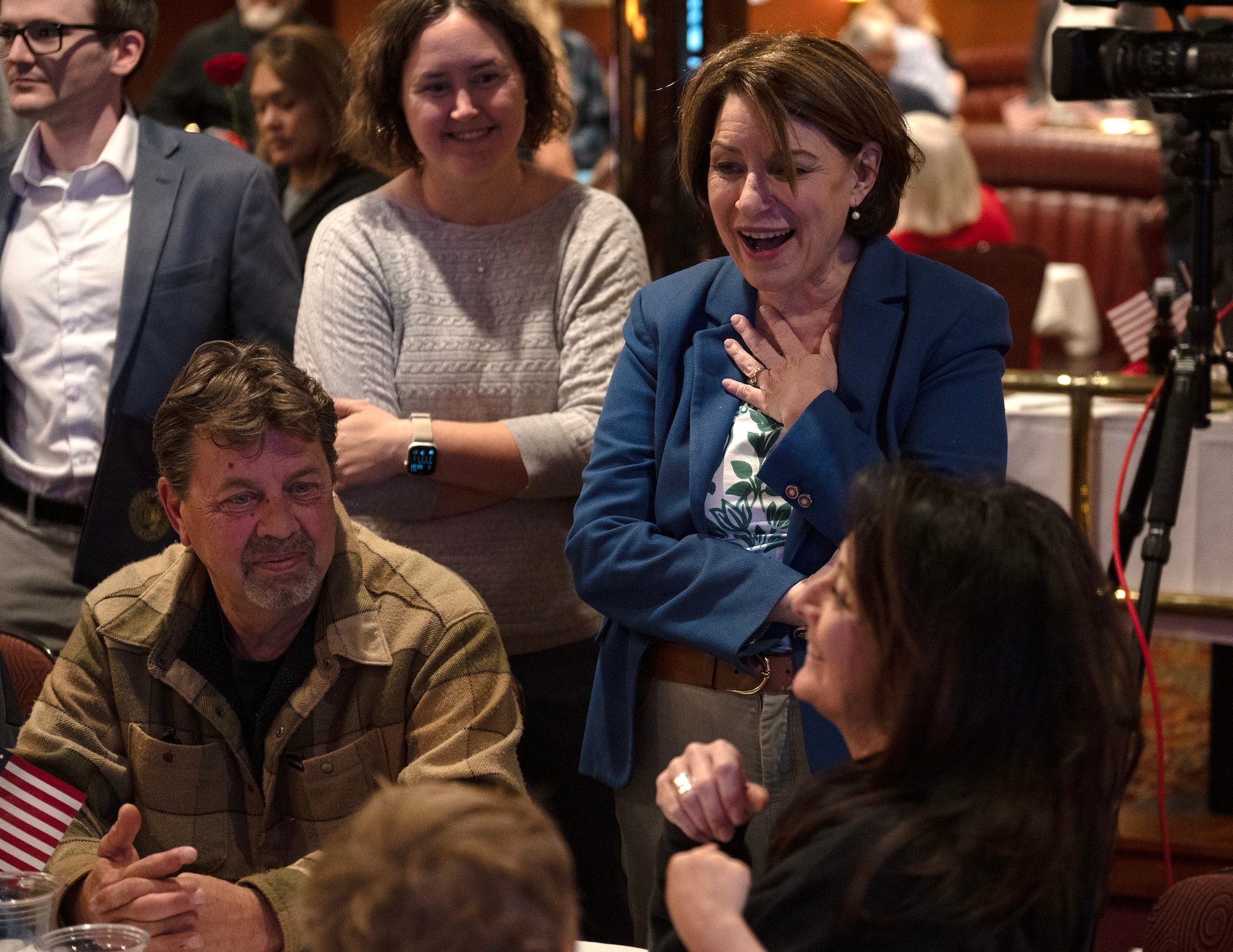 U.S. Sen. Amy Klobuchar, D-Minn, talks to families and friends of deployed U.S. Air Force Airmen at a Serving Our Troops meal in St. Paul, Minn., May 9, 2026.