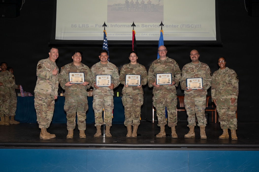 U.S. Airmen assigned to the 86th Logistics Readiness Group are awarded during the 86th LRG Annual Awards at Ramstein Air Base, Germany, May 18, 2026.