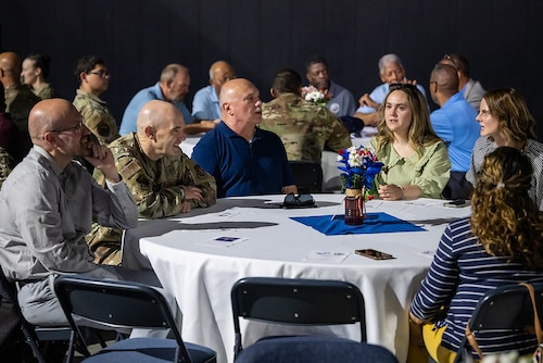 Members of the Wright-Patterson Air Force Base Chaplain Corps and local faith community attend the Legacy of Faith Luncheon at the National Museum of the U.S. Air Force while a senior Air Force chaplain delivers remarks.