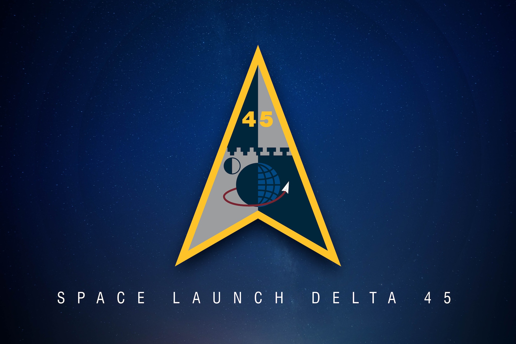 This graphic showcases the official Space Launch Delta 45 unit insignia with the title of the unit to match. (U.S. Space Force image by Michael Frye)