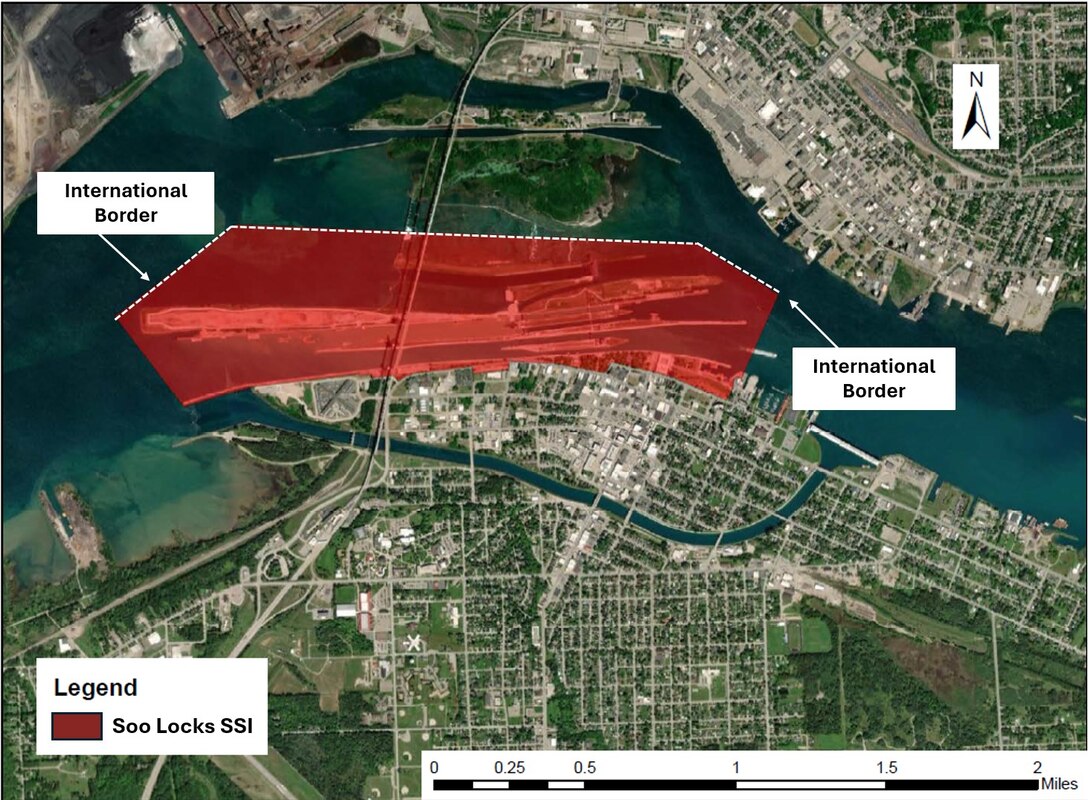 Red polygon overlay over the Soo Locks on a map of Sault Ste. Marie, Michigan depicting restricted airspace.
