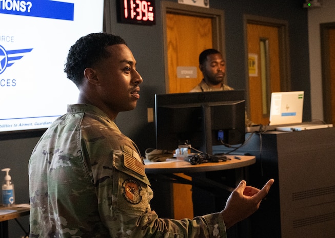 Two U.S. Airmen teach the Peer Fitness Leader course at Joint Base Charleston.