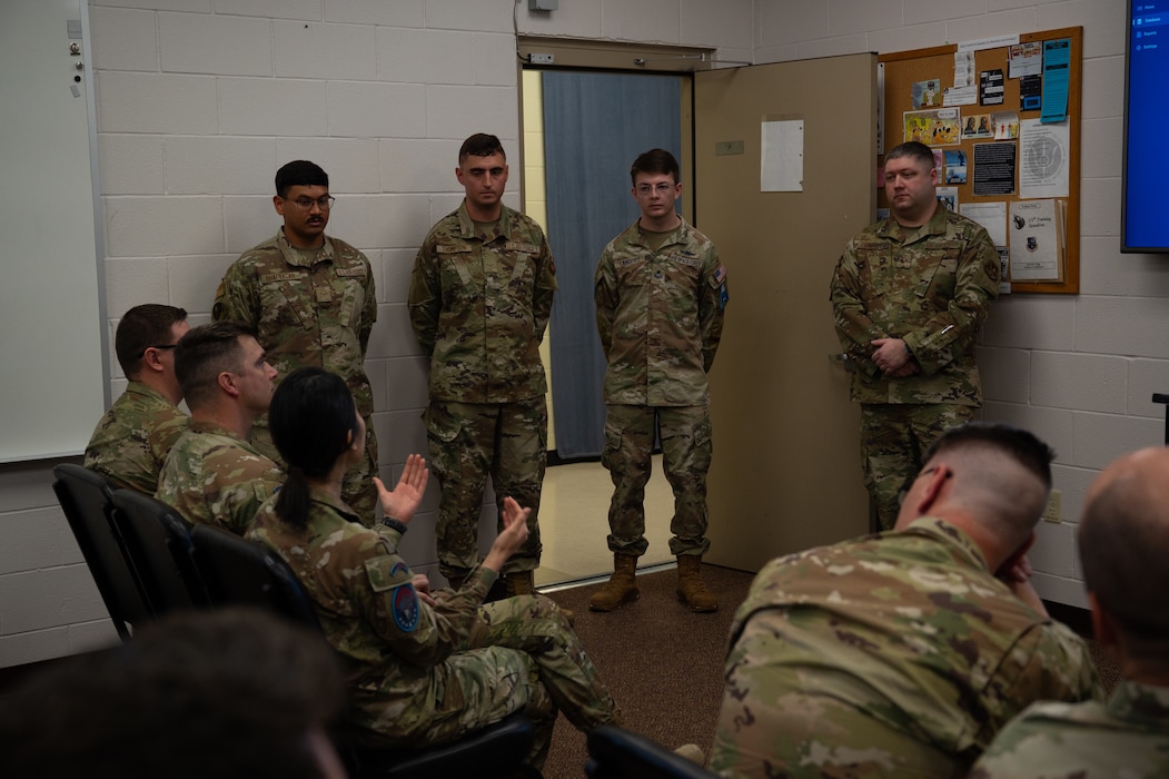 9S100D Applied Data Analysis Class 26003 receives feedback on the Tracking Attendance Reporting Growth Engagement And Trends application inside the Louis F. Garland Department of War Fire Academy at Goodfellow Air Force Base, Texas, March 25, 2026. Class 26003 briefed the TARGET application to 312th Training Squadron, 533rd Training Squadron Detachment 1 and 17th Training Wing Chapel Team leadership as part of their capstone project. (U.S. Air Force photo by Senior Airman Brian Lummus)