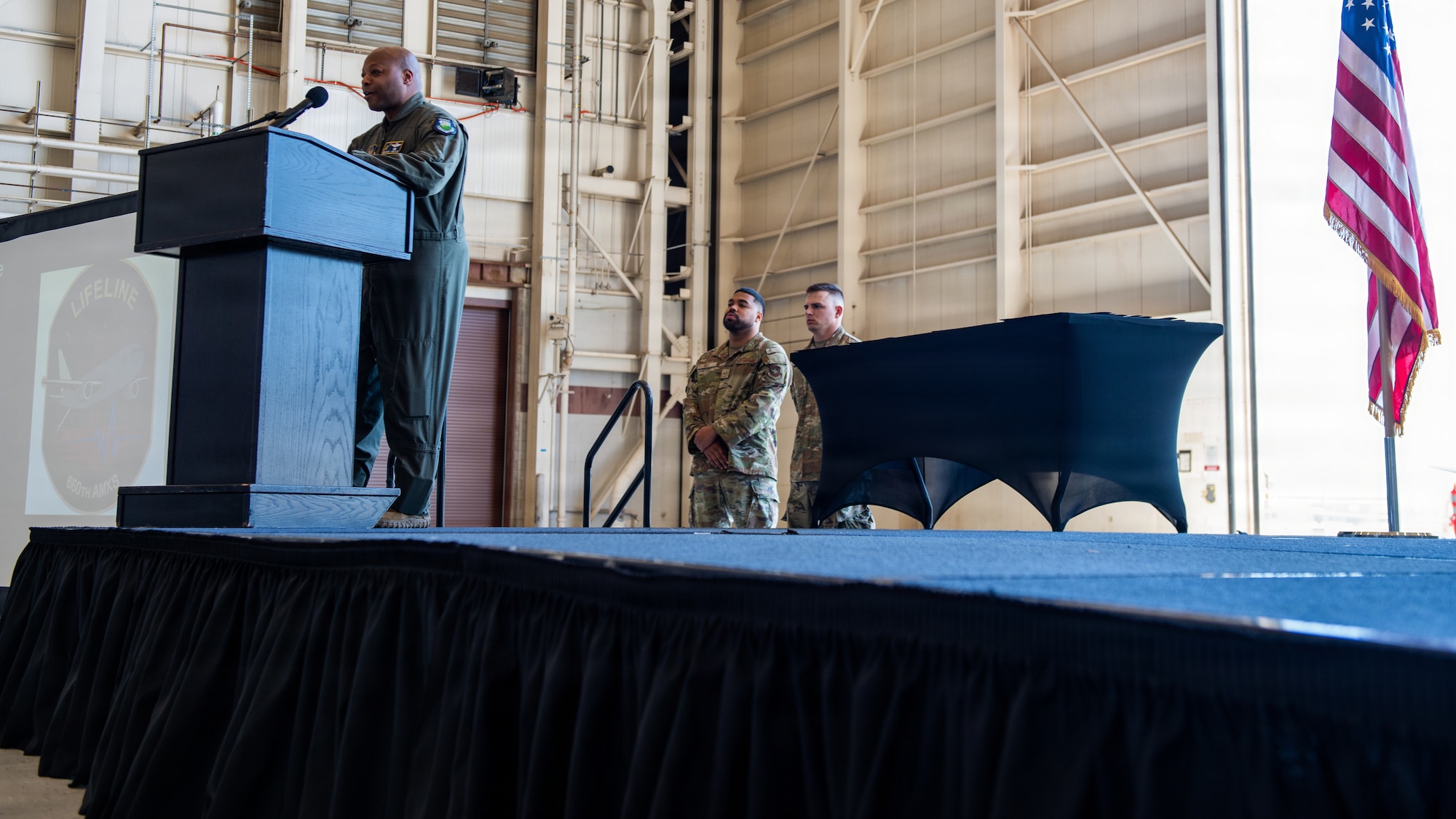 Reserve wing commander delivers remarks during ceremony