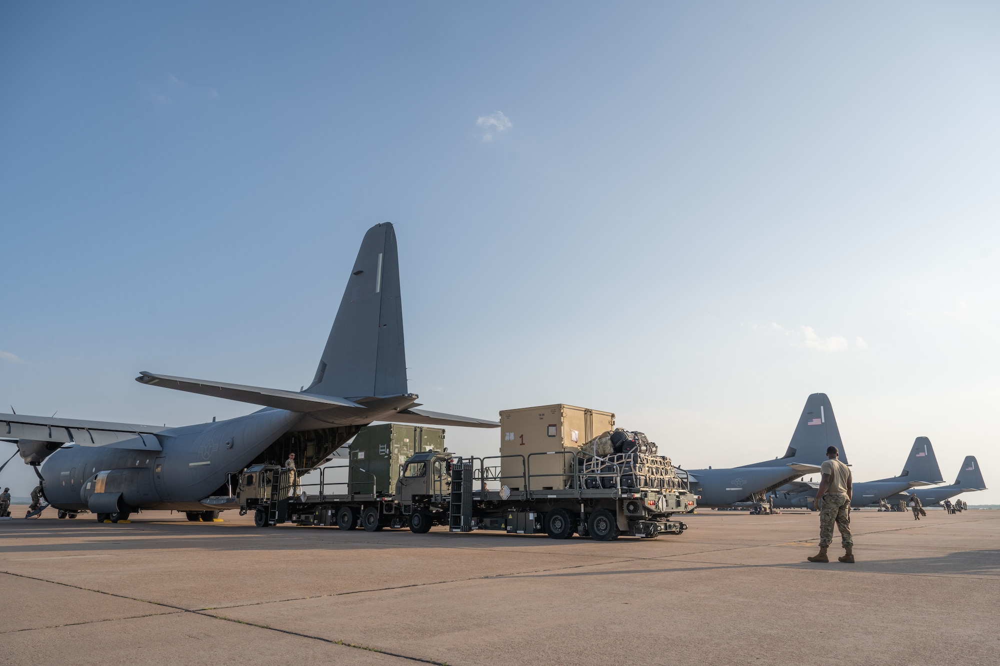 U.S. Airmen assigned to the 317th Airlift Wing offload cargo from a C-130J Super Hercules after returning home from a deployment at Dyess Air Force Base, Texas, May 18, 2026. As the operator of the largest C-130J flight hour program in the Air Force, the 317th AW maintains high-level readiness to project combat airpower into joint and combined environments globally. (U.S. Air Force photo by Airman 1st Class Caleb Schellenberg)
