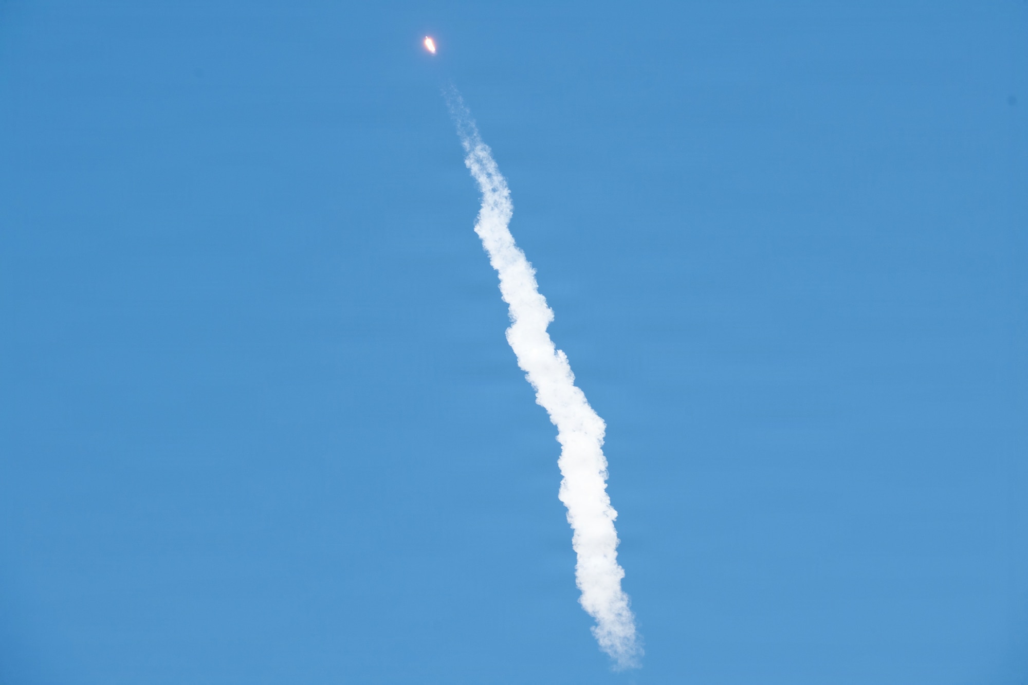 A Falcon 9 rocket carrying the Starlink 17-42 mission flies through the air after launching from Space Launch Complex 4 East at Vandenberg Space Force Base, Calif., May 19, 2026. The Starlink 17-42 mission marked the 33rd launch and test mission from the Vandenberg Spaceport and Test Range in 2026. (U.S. Space Force photo by 2nd Lt. Andrew Taller)